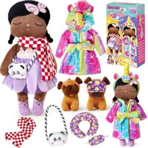 Weiche Stoffpuppe 34cm Set mit Hund & Zubehör, Regenbogen Einhorn Bademantel, Geschenk für Mädchen & Kinder ab 3 Jahren, Kuschelpuppe Puppen-Set Geburtstag Taufgeschenk