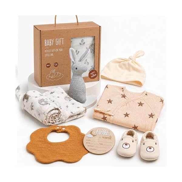 Neugeborenen Geschenkset zur Geburt, Babygeschenke für Jungen und Mädchen, Baby Erstausstattung mit Strampler, Babydecke, Lätzchen, Mütze, Babyschuhen, Meilensteinkarte und Grußkarte