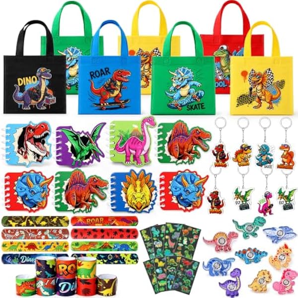 Dino Mitgebsel Kindergeburtstag 48PCS Kindergeburtstag Gastgeschenke Kinder | Dino Tasche, Schlüsselanhänger, Notizblock, Fidget Spinner, Aufkleber, Schnapparmband, Dino Party Give Aways Jungen