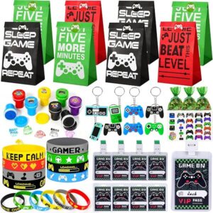 Videospiel Mitgebsel Kindergeburtstag Gastgeschenke mit Geschenktüten Stempel Silikon Armbänder Schlüsselanhänger Tattoo VIP Pass Gamer Give Aways Jungen Mädchen Pinata Geburtstag Junge